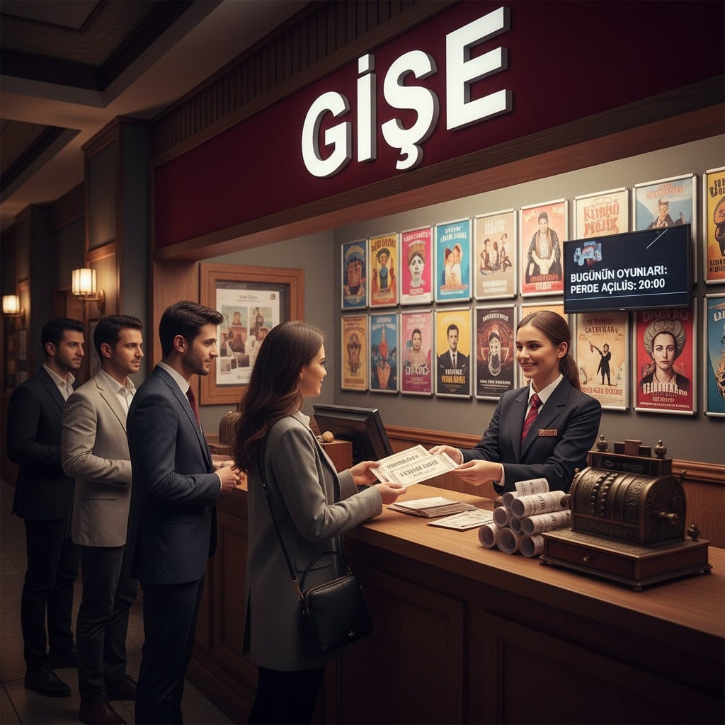 Tiyatro gişesinde bilet alan müşteriler ve arkalarında bekleyen kuyruk.