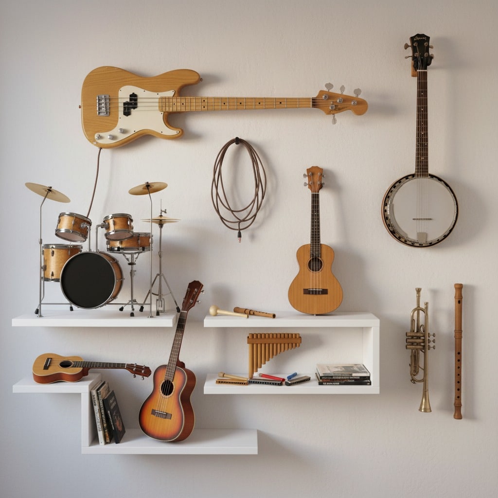 Beyaz bir duvarda asılı bas gitar, banjo ve akustik enstrümanlar ile raflar üzerine yerleştirilmiş mini davul seti ve çeşitli müzik aletleri.