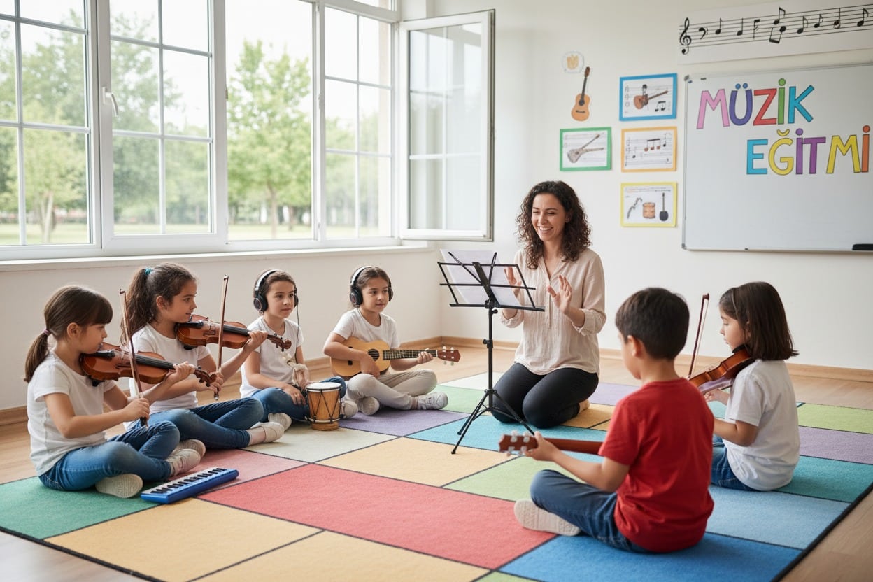 Müzik öğretmenleri eşliğinde sınıfta enstrüman çalan ilkokul öğrencileri.